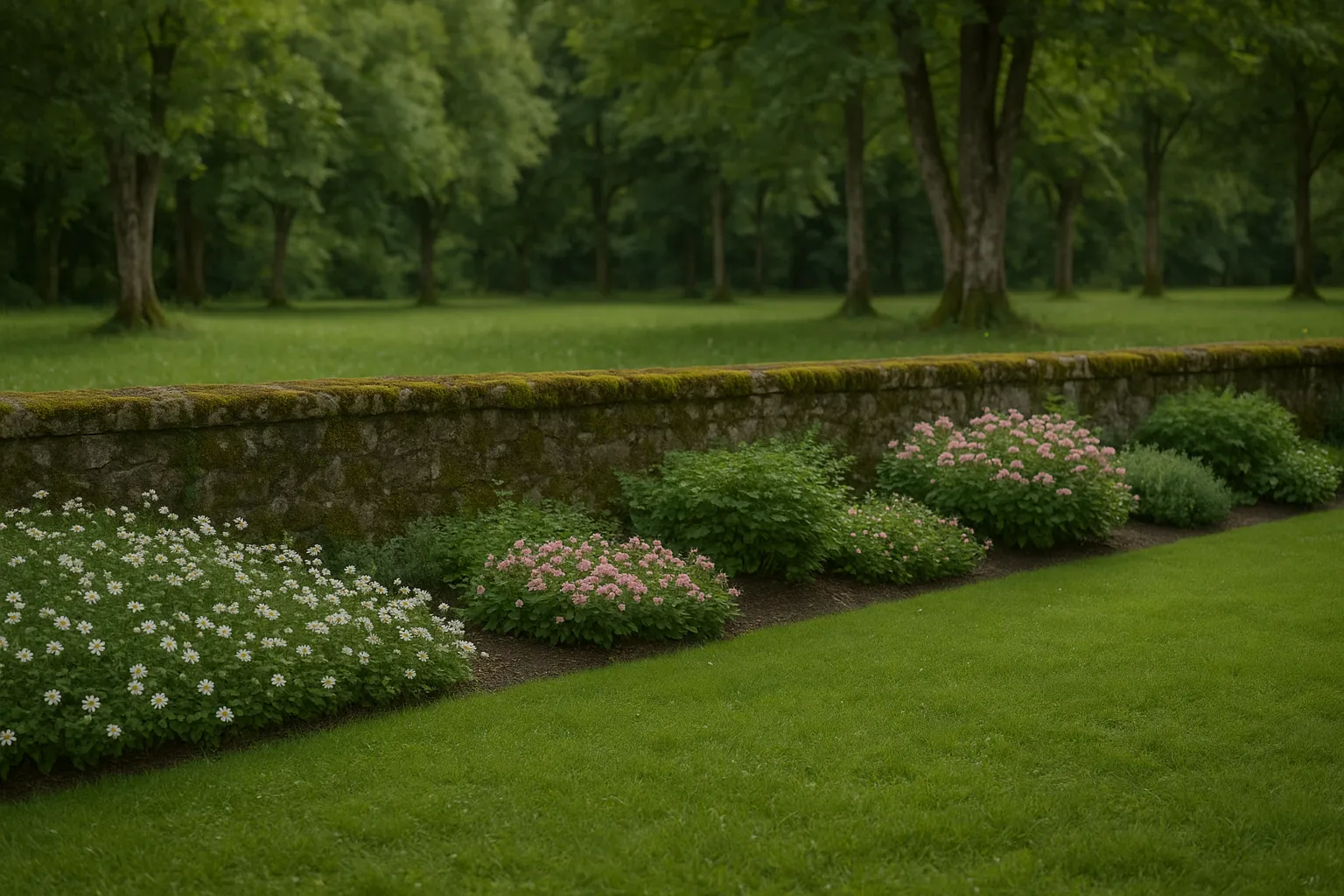 Pelouse entretenue et massifs de fleurs blanches dans un parc paisible