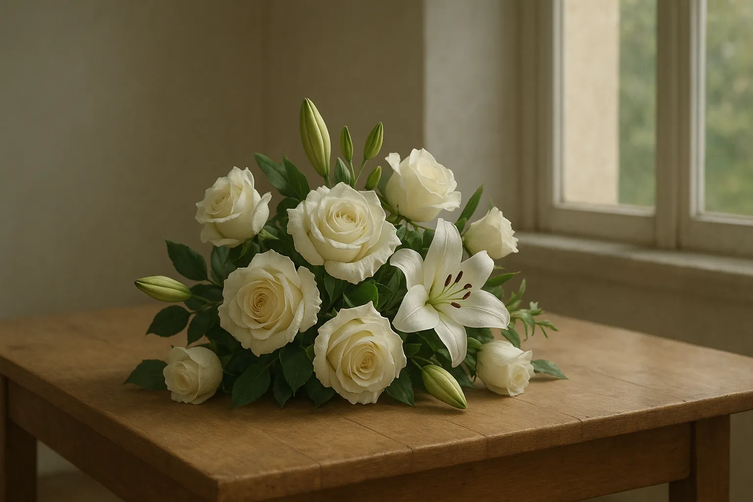Bouquet de roses blanches et de lys posé sur une table en bois