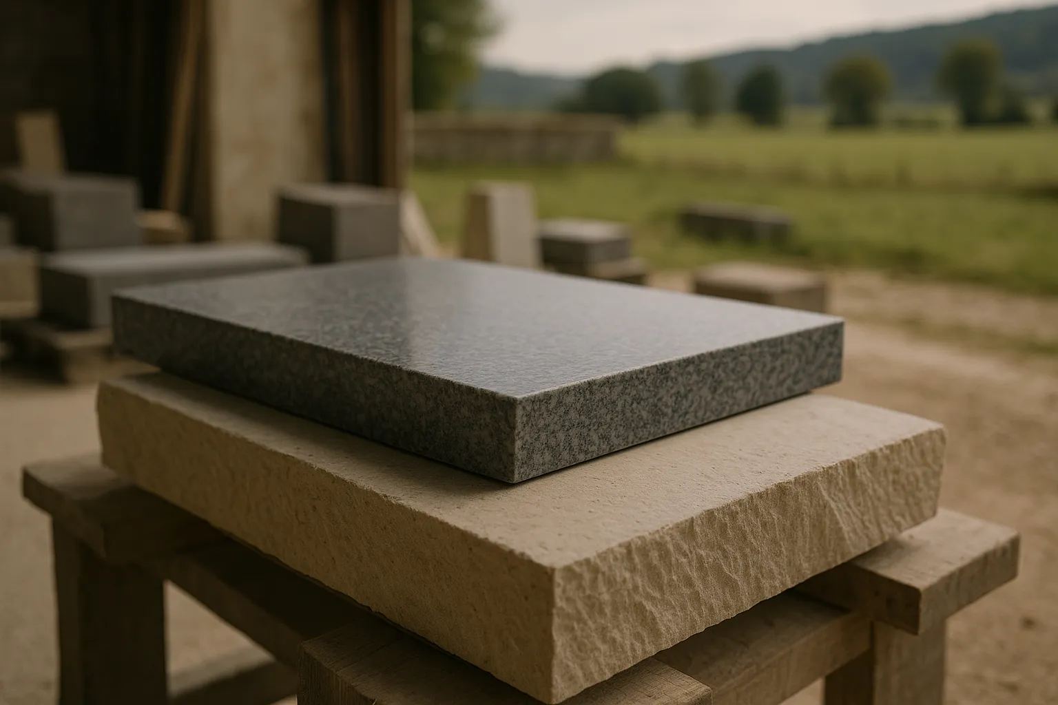 Plaques de granit poli et de pierre de taille dans un atelier de marbrerie